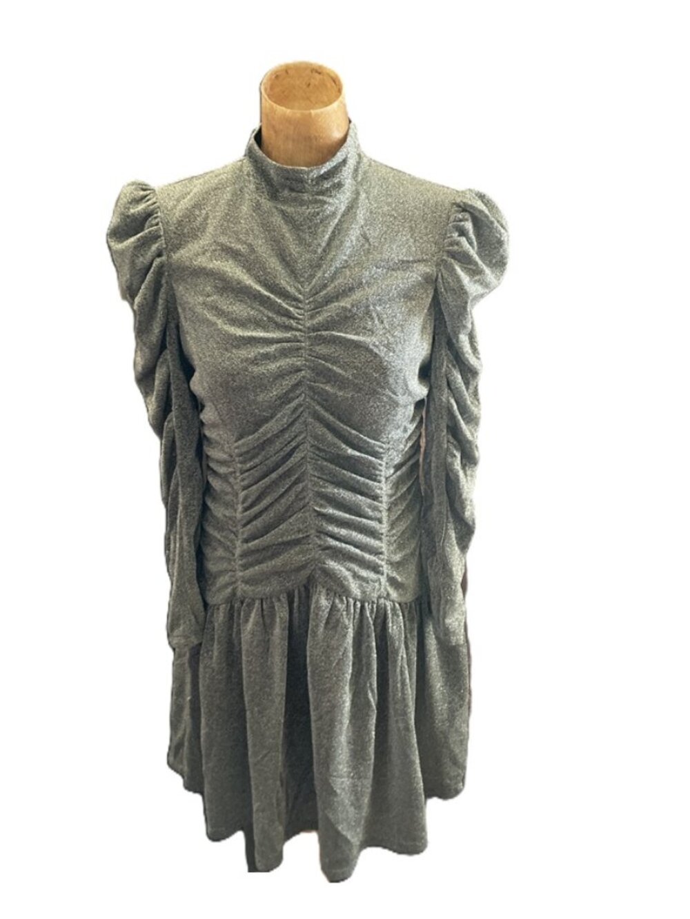 Rebecca Taylor Silver Metallic Ruched  Turtleneck Mini Dress Size L.